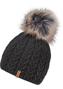 Chillouts Damen Bommelmütze "Tabea Hat", schwarz, feminin,modisch, unifarben, Zopfmuster, Fellimitat, meliert, Feinstrick, Materialmix, Mützen, mit