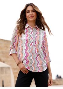Classic Basics Damen Crepebluse, beige, Gr. 56, gemustert, Batikmuster, ethno, mehrfarbig, 100% Polyester, Blusen