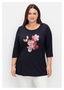 sheego Damen 3/4-Arm-Shirt "Große Größen", blau, feminin, Gr. 52, unifarben, Obermaterial: 50% Baumwolle, 50% Modal, Shirts, mit Blumenstickerei aus