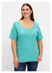 sheego Damen T-Shirt "Große Größen", blau, feminin, Gr. 44, unifarben, Obermaterial: 100% Baumwolle;Spitze: 100% Polyamid, Shirts, mit Ajourmuster