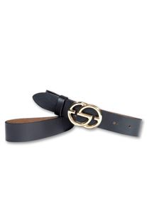 Silbergift Damen Koppelgürtel, schwarz, modisch, Gr. 80, unifarben, Rindsleder, Gürtel, mit glänzend polierter goldfarbener grafischer Schließe