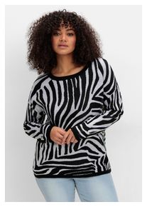 sheego Damen Rundhalspullover "Große Größen", schwarz, casual, Gr. 56, gemustert, Feinstrick, Obermaterial: 100% Polyacryl, Pullover, mit Zebramuster