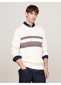Tommy Hilfiger Herren Rundhalspullover "GLOBAL STRIPE CHUNKY RIB C NK", weiß, casual, Gr. L, Strick, Obermaterial: 100% Baumwolle, Pullover, mit