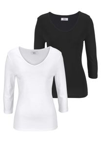 Flashlights Damen V-Shirt, schwarz-weiß, Basic, Gr. 48, unifarben, Feinripp, Obermaterial: 100% Baumwolle, Shirts, unifarben, V-Ausschnitt,