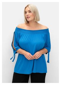 sheego Damen T-Shirt "Große Größen", blau, feminin, Gr. 52, unifarben, Obermaterial: 95% Viskose, 5% Elasthan, Shirts, mit Smokeinsatz
