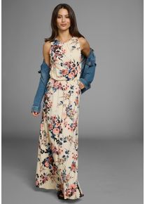 Laura Scott Damen Maxikleid, beige, feminin, Gr. 46, geblümt, Single Jersey, Obermaterial: 95% Viskose, 5% Elasthan, Kleider, mit hohem Rundhals vorn