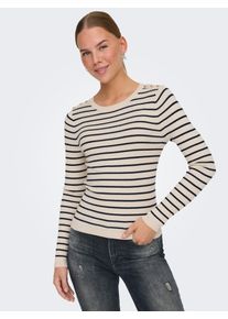 Only Damen Strickpullover "ONLMILA LS STRIPE BUTTON O-NECK CC KNT"birch stripes:navy blazer, modisch, Gr. M, gestreift, Strick, Obermaterial: 80%