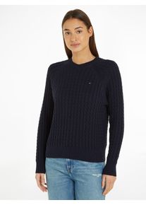 Tommy Hilfiger Damen Rundhalspullover "CO CABLE C-NK SWEATER", blau, casual, Gr. XS, Zopfmuster, Feinstrick, Obermaterial: 100% Baumwolle, Pullover,