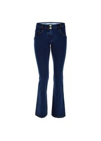 Freddy Damen Schlagjeans "WRUP REGULAR WAIST FLARED"dunkelblau with gelb seams, casual, Gr. S, Denim/Jeans, Obermaterial: 84% Baumwolle, 16%