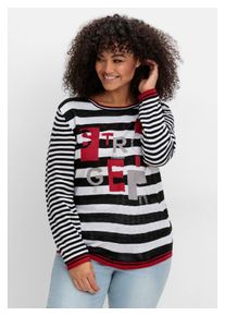 sheego Damen Rundhalspullover "Große Größen", schwarz, casual, Gr. 52, gestreift, Feinstrick, Obermaterial: 100% Polyacryl, Pullover, mit Ringeln und