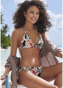 Lascana Damen Triangel-Bikini-Top "Salsa", schwarz, Gr. 38, geblümt, Microfaser, Recycling-Polyamid, Bikini-Oberteile, Goldfarbene Zierringe