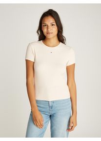 Tommy Jeans Damen T-Shirt "TJW SLIM ESSENTIAL RIB SS", beige, casual, Gr. XL, unifarben, Rippware, Obermaterial: 95% Baumwolle, 5% Elasthan, Shirts,