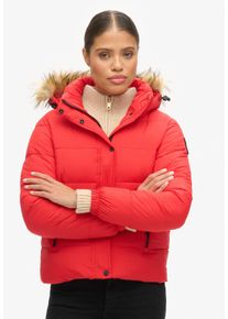 Superdry Damen Steppjacke "FAUX FUR SHORT HOOD PUFFER", rot, casual, Gr. M, unifarben, Web, Steppware, Obermaterial: 100% Baumwolle, Jacken