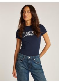 Damen Rundhalsshirt "Shirt TJW SLIM ESSENTIAL", blau, casual, Gr. XL, Tommy Jeans CURVE, unifarben, bedruckt, Jersey, Obermaterial: 70% Baumwolle,