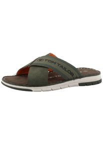 Tom Tailor Herren Pantolette, Gr. 41, grün, Lederimitat, Textil, casual, Schuhe, Sommerschuh, Schlupfschuh, Bequemschuh mit plakativem Logoschriftzug