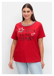 sheego Damen T-Shirt "Große Größen", rot, casual, Gr. 48, bedruckt, Obermaterial: 100% Baumwolle, Shirts, mit Frontdruck und Glitzerdetails