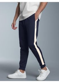 TRIGEMA Herren Jerseyhose "TRIGEMA Jogginghose mit kontrastfarbigen Seitenstreifen", blau, Basic, Gr. L, 70% Baumwolle, 30% Polyester, Hosen