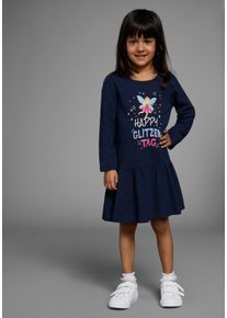 Kidsworld Mädchen Jerseykleid "HAPPY GLITZER TAG", blau, modisch, Gr. 116, bedruckt, Jersey, Obermaterial: 95% Baumwolle, 5% Elasthan, Kleider,