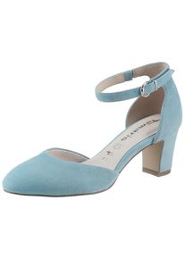 Tamaris Damen Spangenpumps, Gr. 40, blau, Ziegenveloursleder, unifarben, modisch, Schuhe, Blockabsatz, gelenkoffener Abendschuh mit Fesselriemchen