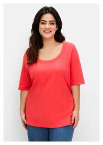 sheego Damen T-Shirt "Große Größen", rot, casual, Gr. 56, unifarben, Obermaterial: 97% Baumwolle, 3% Elasthan, Shirts, mit weitem Rundhalsausschnitt,