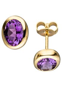 Jobo Damen Paar Ohrstecker, Gelbgold 585, gelb, Gelbgold 585, Ohrringe, oval 585 Gold mit Amethyst