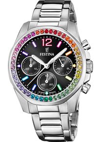 Festina Damen Chronograph "Boyfriend Collection", silber, Armbanduhren, Armbanduhr, Quarzuhr, Damenuhr, Stoppfunktion, Regenbogen