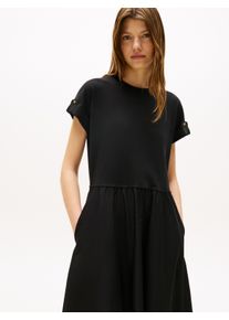 Tommy Hilfiger Damen A-Linien-Kleid "MODERN CODY MIDI MIX F&F DRS", schwarz, casual, Gr. XL, unifarben, Web, Obermaterial: 97% Baumwolle, 3%