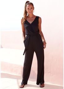 Buffalo Damen Overall, schwarz, modisch, Gr. 34, unifarben, Jersey, Obermaterial: 100% Viskose, Overalls, und weitem Bein, casual Jumpsuit mit Taschen