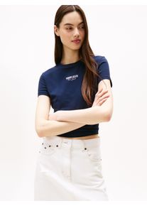 Tommy Jeans Damen Kurzarmshirt "TJW SLIM ESSENTIAL LOGO2 TEE EXT", blau, casual, Gr. S, unifarben, Single Jersey, Obermaterial: 70% Baumwolle, 30%