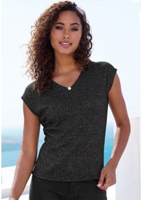 Lascana Damen Kurzarmshirt "mit funkelndem Strassknopf", schwarz, feminin, Gr. 36, Strukturmuster, unifarben, Strick, Obermaterial: 85% Viskose