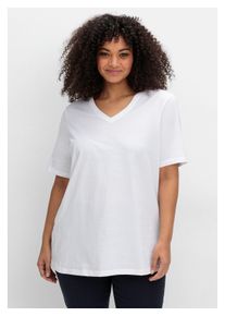sheego Damen T-Shirt "Große Größen", beige, casual, Gr. 48, unifarben, Obermaterial: 100% Baumwolle, Shirts, mit V-Ausschnitt, aus leichtem Jersey