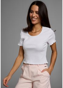 Laura Scott Damen Kurzarmshirt, weiß, Basic, Gr. 36, unifarben, Rippware, Obermaterial: 95% Baumwolle, 5% Elasthan, Shirts, mit gewelltem Saum