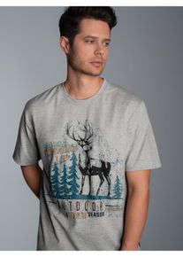TRIGEMA Herren T-Shirt "TRIGEMA T-Shirt mit großem Hirsch-Printmotiv", grau, Basic, Gr. L, 100% Baumwolle, Shirts