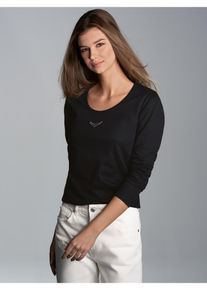 TRIGEMA Damen Longsleeve "TRIGEMA Langarmshirt mit Kristallsteinen", schwarz, Basic, Gr. S, 95% Baumwolle, 5% Elastan, Shirts