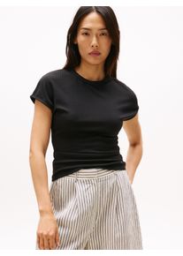 Tommy Hilfiger Damen Kurzarmshirt "5X2 RIB SLIM C-NK CAP SLV TEE", schwarz, casual, Gr. XL, unifarben, Single Jersey, Obermaterial: 95% Viskose, 5%