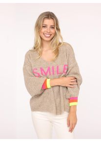 Zwillingsherz Damen Strickpullover ""Smile"", beige, modisch, unifarben mit Farbeinsatz, Strick, Obermaterial: 57% Polyamid, 29% Polyester, 7% Wolle,