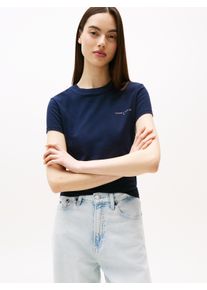 Tommy Jeans Damen Kurzarmshirt "TJW SLIM LINEAR SS TEE EXT", blau, casual, Gr. L, unifarben, Jersey, Obermaterial: 100% Baumwolle, Shirts