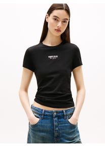Tommy Jeans Damen Kurzarmshirt "TJW SLIM ESSENTIAL LOGO2 TEE EXT", schwarz, casual, Gr. S, unifarben, Single Jersey, Obermaterial: 70% Baumwolle, 30%