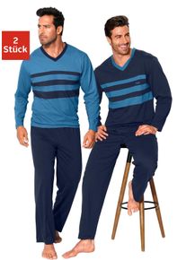 Le Jogger Herren Pyjama, Gr. 44, blau, Jersey, Obermaterial: 100% Baumwolle, unifarben mit Farbeinsätzen, Basic, Homewear-Sets, Schlafanzug mit
