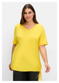 sheego Damen T-Shirt "Große Größen", gelb, casual, Gr. 48, unifarben, Obermaterial: 50% Baumwolle, 50% Viskose, Shirts, mit Knotendetail am Saum