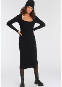 Tamaris Damen Strickkleid, schwarz, feminin, Gr. 42, Rippstrick, Obermaterial: 70% Viskose, 30% Polyamid, Kleider, mit trendy Karree-Ausschnitt
