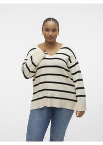 Vero Moda CURVE Damen Strickpullover "VMCSABA LS V-NECK PULLOVER GA NOOS CUR", beige, modisch, Gr. M, gestreift, Strick, Feinstrick, Obermaterial: