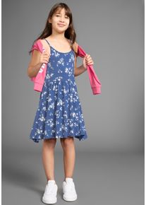 Kidsworld Mädchen Jerseykleid "Trägerkleid, sommerlich mit verstellbaren Trägern", blau, modisch, Gr. 140, bedruckt, geblümt, Jersey, Obermaterial:
