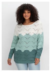 sheego Damen Rundhalspullover "Große Größen", grün, feminin, Gr. 56, gestreift, Grobstrick, Obermaterial: 100% Baumwolle, Pullover, im Ajourstrick,