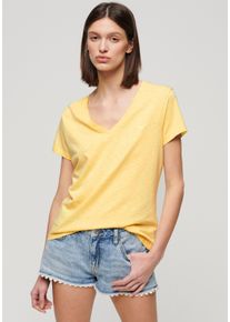 Superdry Damen V-Shirt "STUDIOS SLUB EMB VEE TEE", gelb, casual, Gr. XL, unifarben, Single Jersey, Obermaterial: 60% Baumwolle, 40% Lyocell, Shirts,
