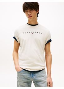 Tommy Jeans Herren T-Shirt "TJM REG LINEAR LOGO TEE EXT", beige, casual, Gr. L, Single Jersey, Obermaterial: 100% Baumwolle, Shirts