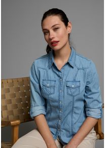 Arizona Damen Jeansbluse "mit Druckknöpfen in Perlmuttoptik", blau, Basic, Gr. 36, unifarben, Jeans, Obermaterial: 100% Baumwolle, Blusen, und