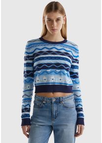 Damen Jacquardpullover, blau, casual, Gr. L, United Colors Of Benetton, gemustert, Strick, Obermaterial: 100% Baumwolle, Pullover, mit verschiedenen