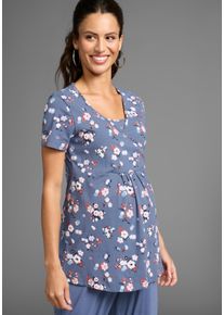 Neun Monate Damen Umstandsshirt "Schwangerschafts- und Stillshirt in Wickeloptik", blau, modisch, Gr. 40, bedruckt, geblümt, Jersey, Obermaterial: