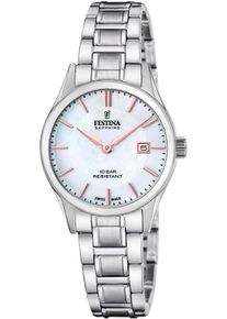 Festina Damen Quarzuhrsilberfarben, perlmuttfarben, Armbanduhren, Armbanduhr, Damenuhr, Swiss Made, Edelstahlarmband, analog, Datum